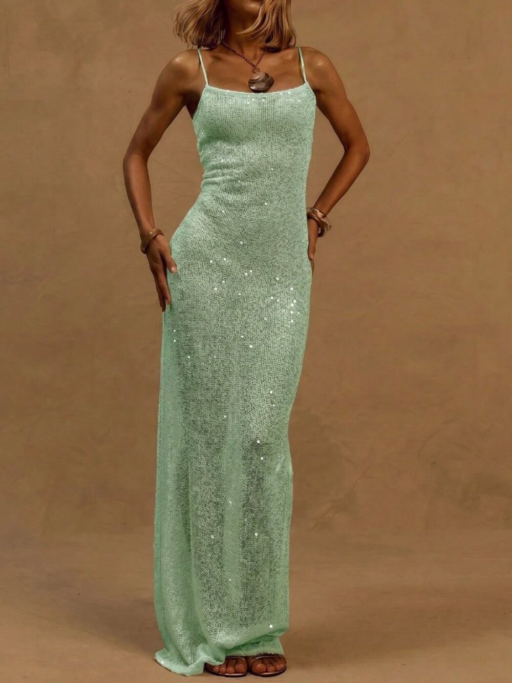 Green Party Women's Sequin Knit Strappy Fitted Maxi Dress